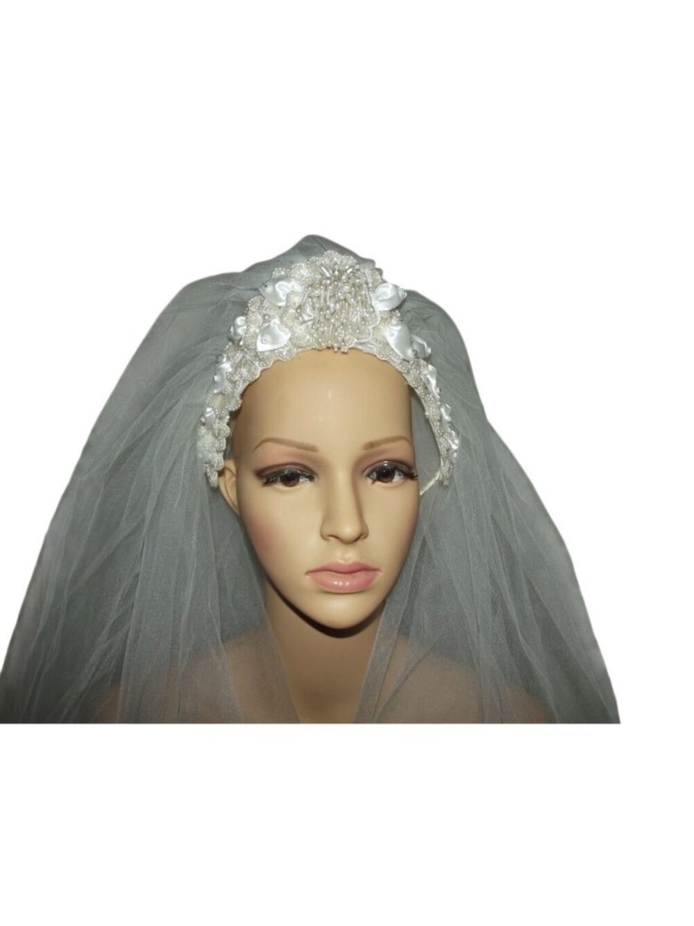 Vintage Wedding Veil satin beaded sequins white